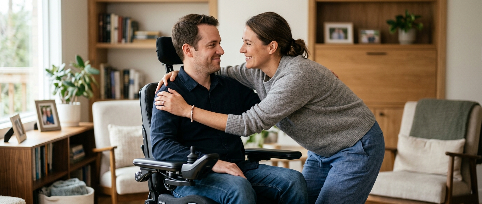 Family member tenderly supporting a loved one using a power wheelchair at home.