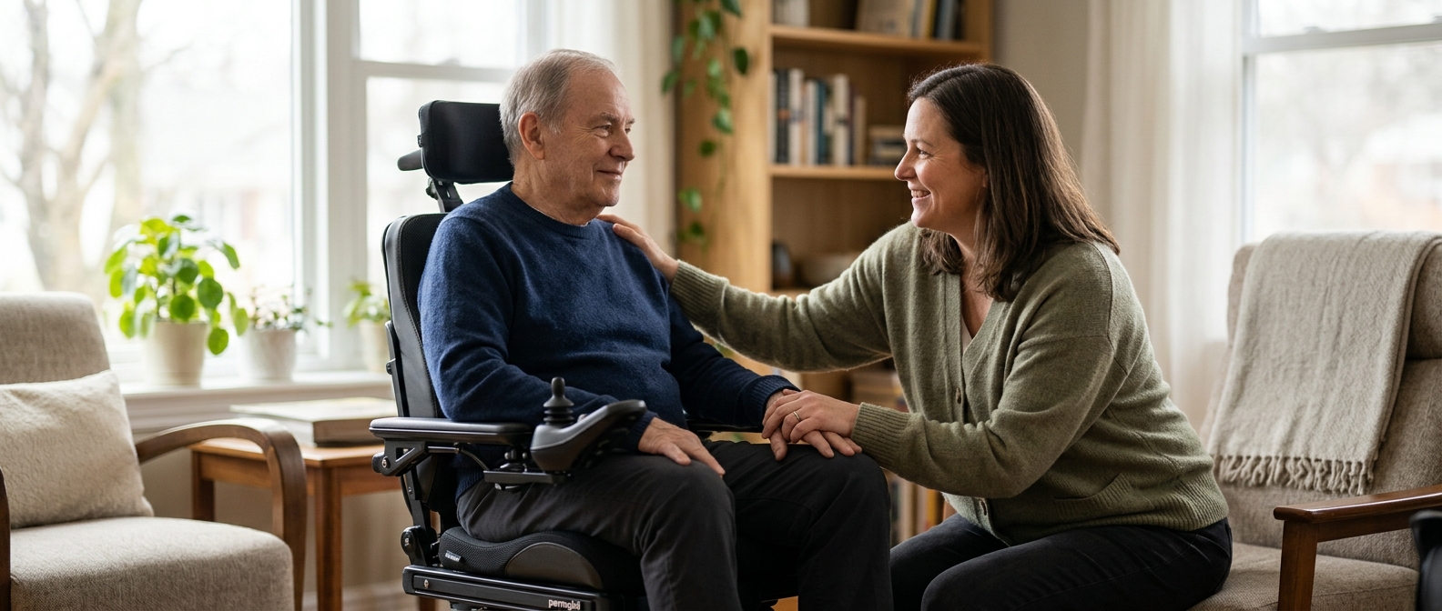 Family member tenderly supporting a loved one using a power wheelchair at home.