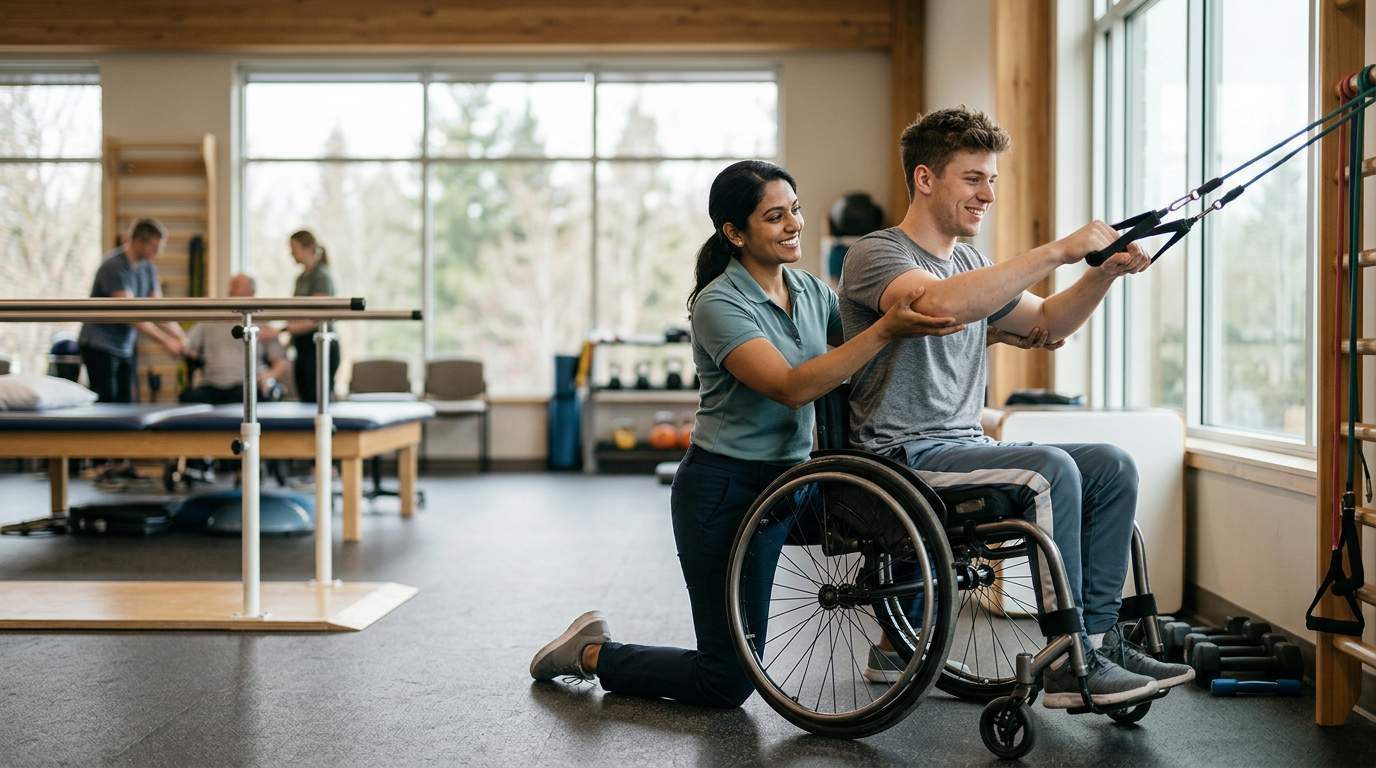Physical therapist assisting a young adult in a wheelchair during spinal cord injury rehabilitation.
