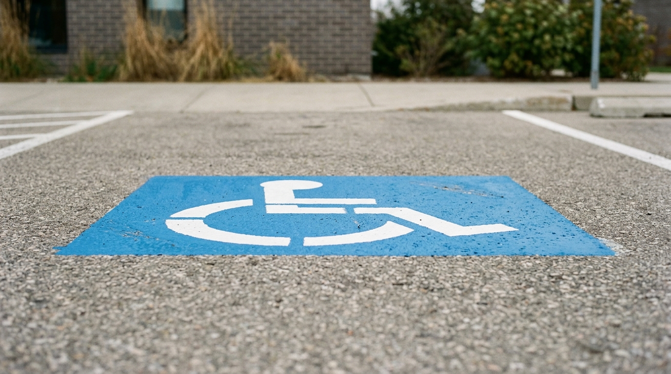 Blue disabled parking sign painted on asphalt, symbolizing accessibility for people with paralysis.