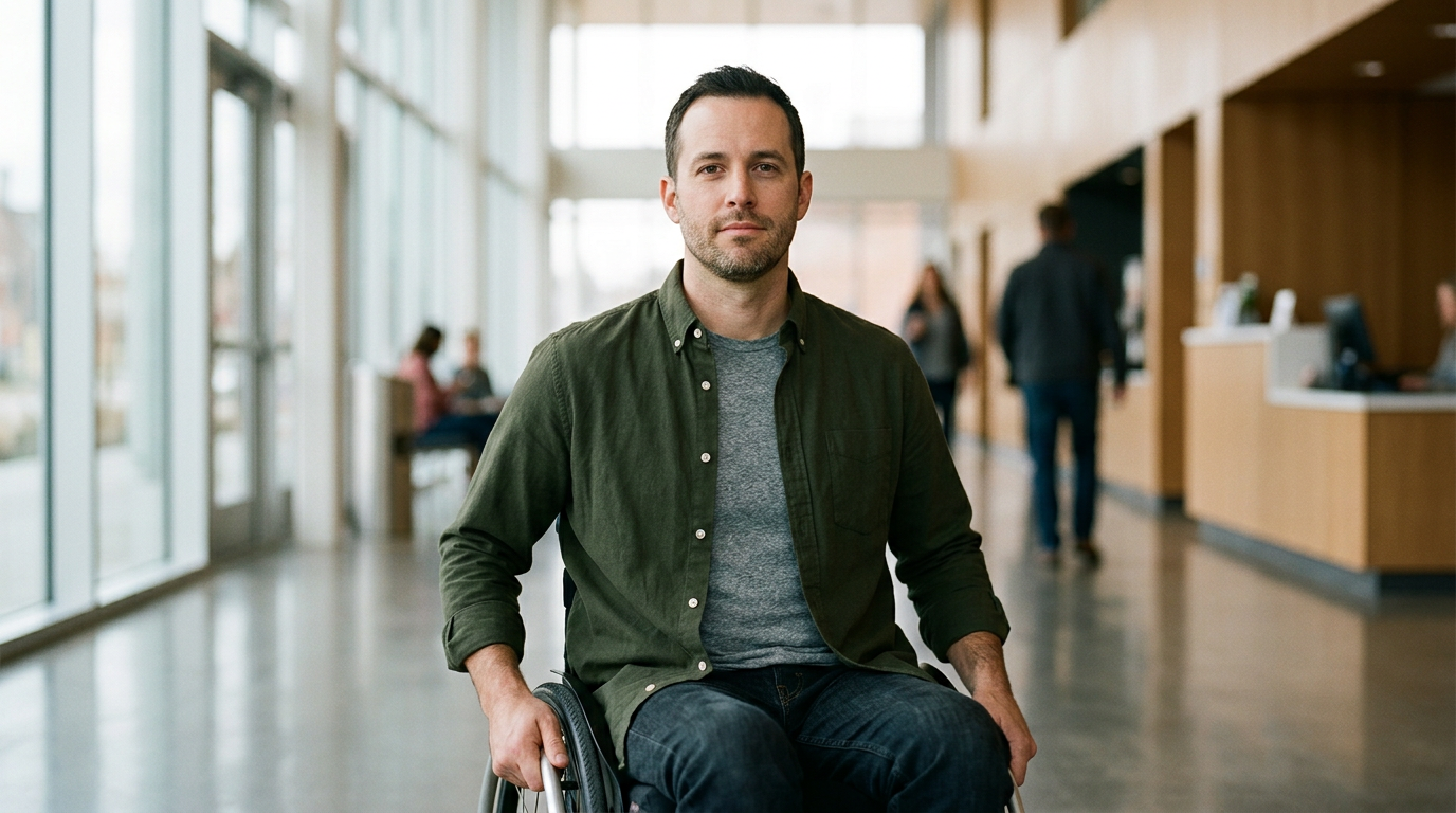 Person using a wheelchair looking forward with quiet resolve after a catastrophic spinal injury.