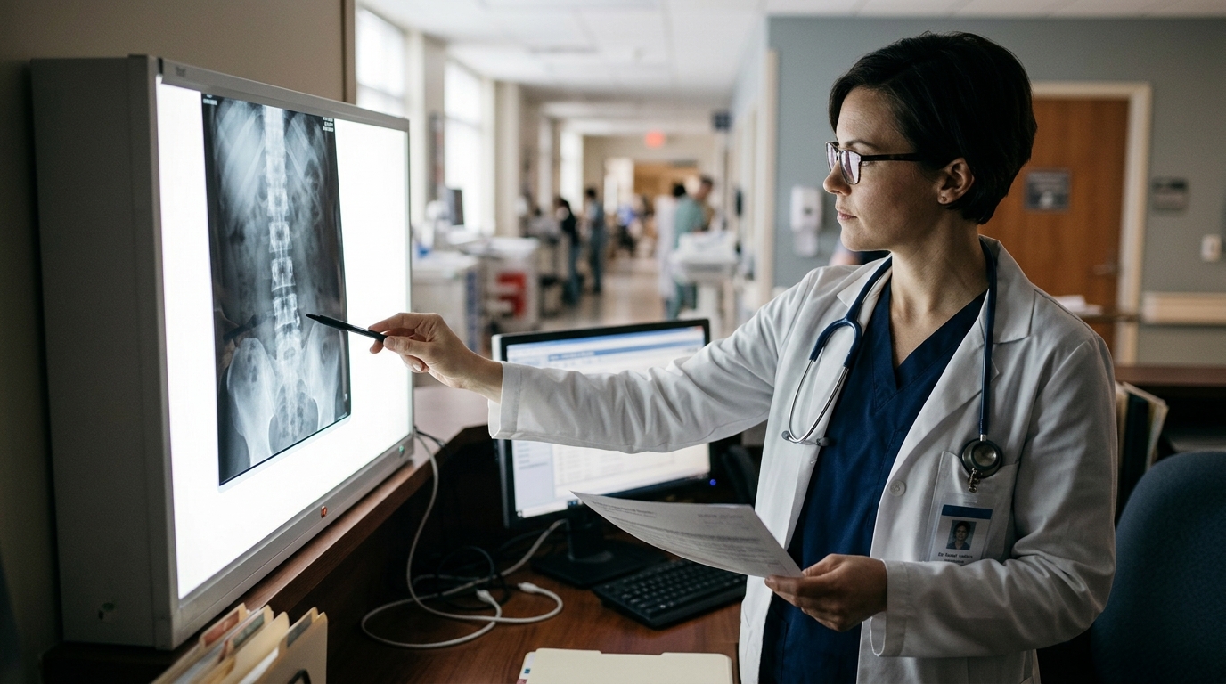 Doctor examines a spine X-ray film with a pen in a hospital setting.