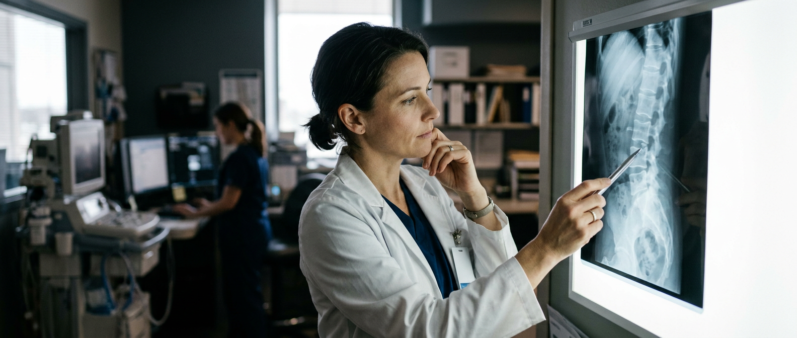 Doctor examining a spine X-ray film with a pen in a hospital setting.