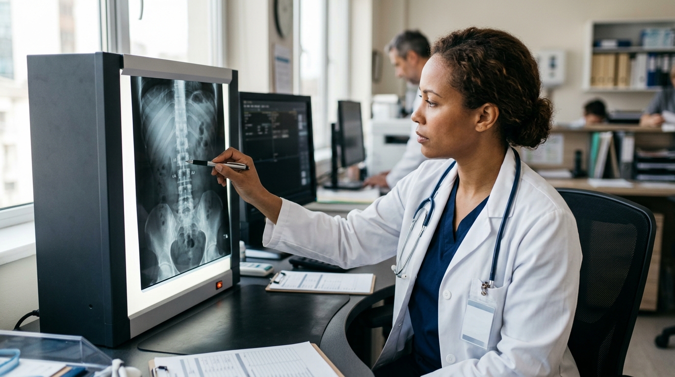 Doctor examining a spine X-ray film with a pen in a hospital setting.