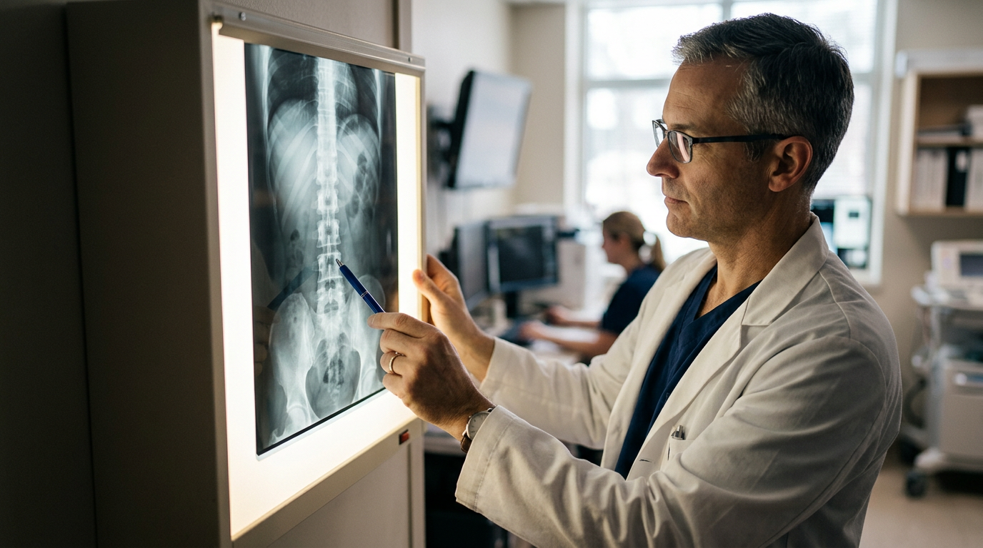 Doctor examining a spine X-ray film with a pen in a hospital setting.