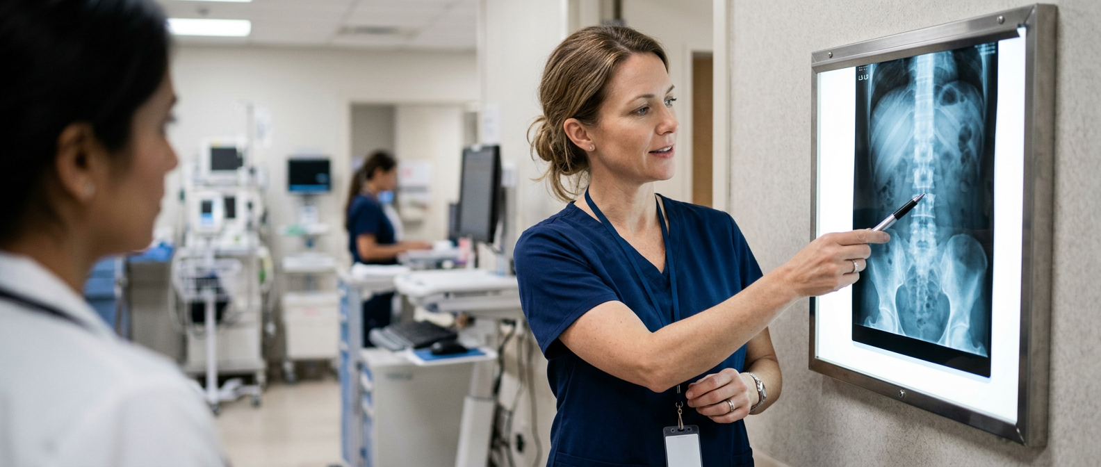 Doctor pointing a pen at a spine X-ray film in a hospital.