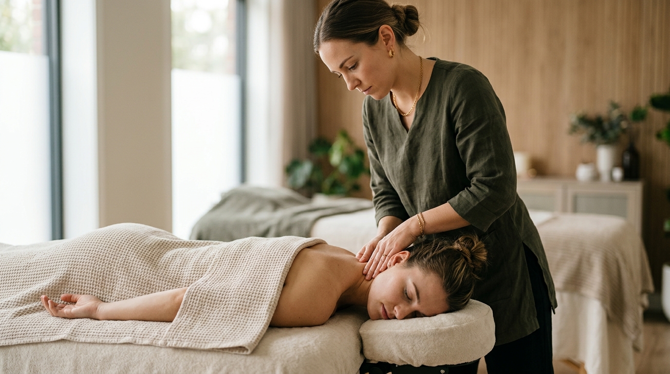 Massage therapist performing therapeutic neck treatment on a young female patient.