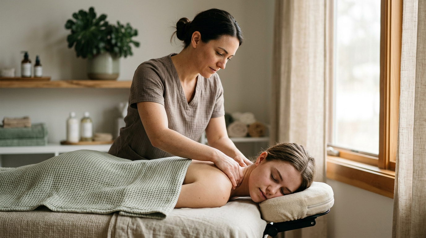 Massage therapist performing therapeutic neck treatment on a young female patient.