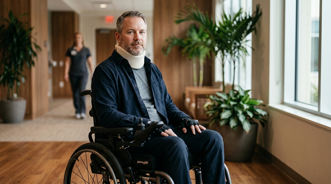 Person using a wheelchair looking forward with quiet resolve after a catastrophic spinal cord injury.