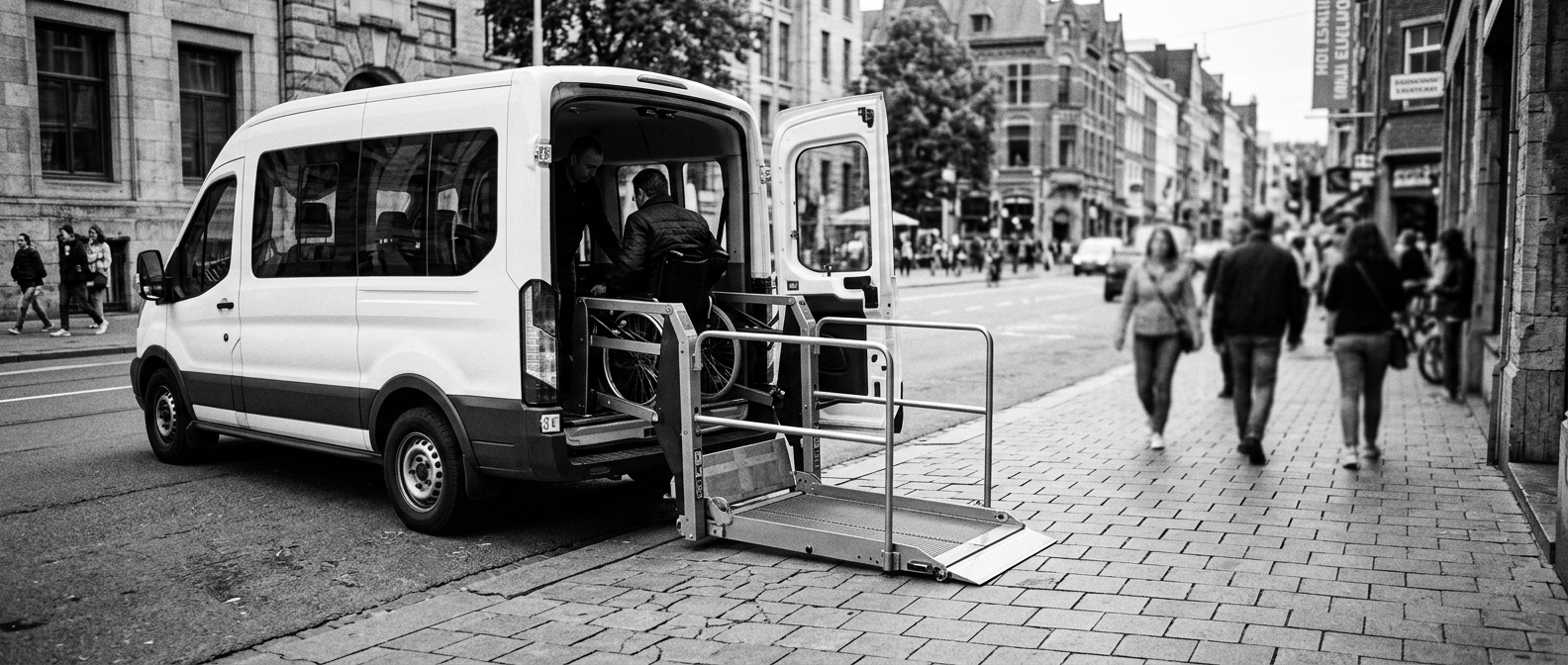 Wheelchair-accessible van with open lift parked on a city street, shown in black and white.